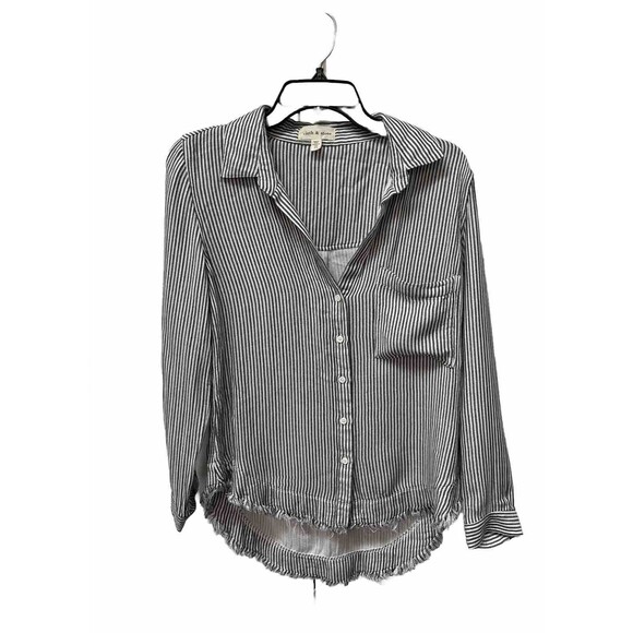 Cloth & Stone Fringe Hem Striped Blouse Womens Sz PS Linen Blend Black White Top - Picture 1 of 5